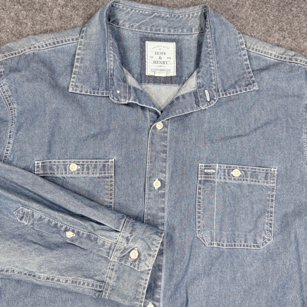 Hope & Henry Mens XL Blue Organic Cotton Chambray Long Sleeve Button Down Shirt
